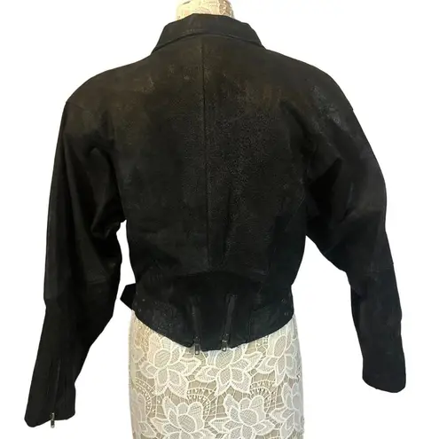 Vintage 80's leather Tiger Fox bomber black jacket large shoulders size medium