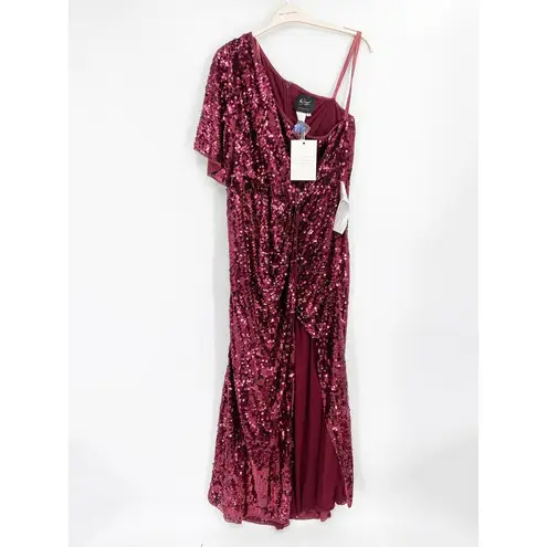 Mac Duggal  Burgundy Red Sequined One-Shoulder Slit Column Formal Gown Sz 14 NWT