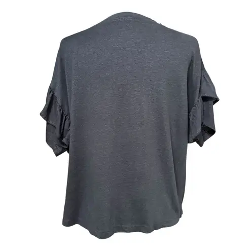 margaret o'leary Margaret O’Leary Black Linen Ruffle Sleeve Top Blouse XS Made in Portugal