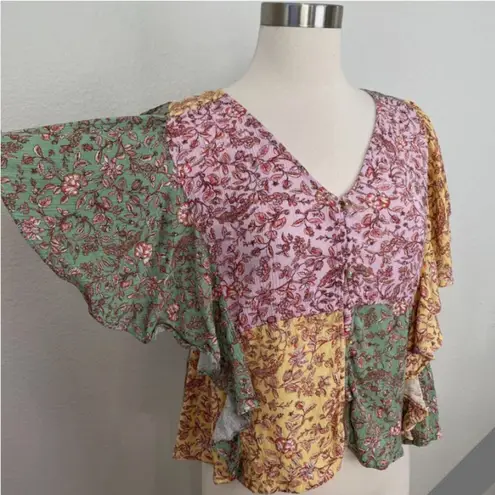 O'Neill  Maggy Colorful Floral Ruffled Button Up Flutter Sleeve V-Neck Top Sz M