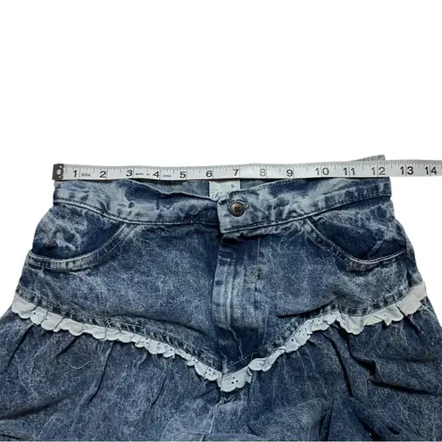 Vintage Chic Sport Acid Wash Cowgirl Country Lace Trim High Waisted Jean Skirt Blue Size juniors