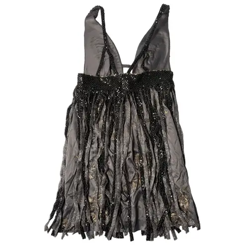 NWT Mandalay Gunmetal Embellished Fringe Cocktail Evening Dress Womens Size 12 Silver