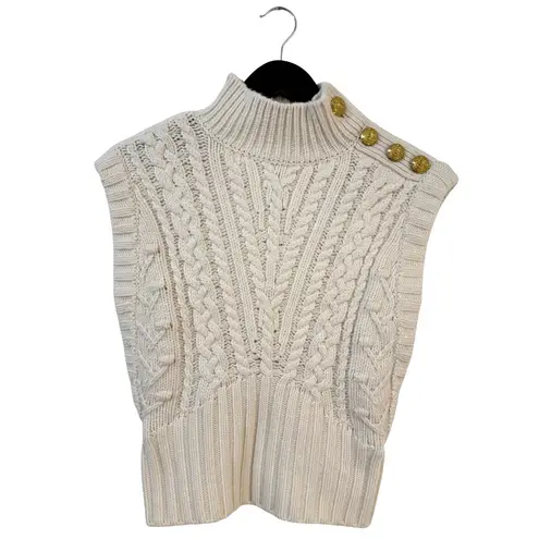 Veronica Beard Holton Wool Cable Knit Vest Ivory XS Button Shoulder Chunky Layer