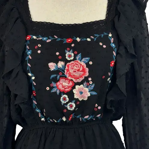 Savanna Jane Large Peplum Top Floral Embroidered Swiss Dot Lined Ruffled Crochet Black - Image 2