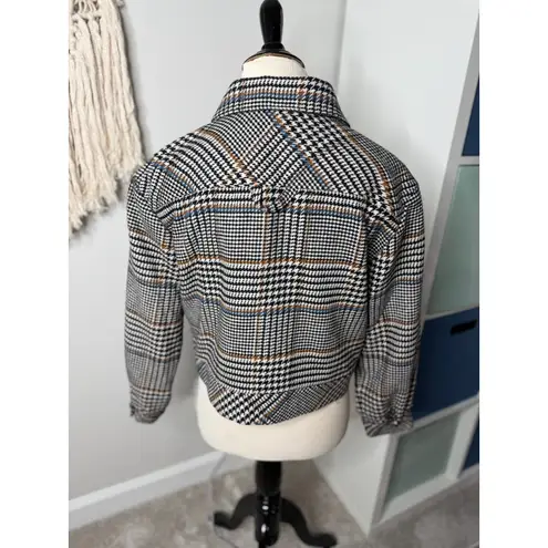Le AL.X Women's Black White Blue Cabin Houndstooth Plaid Wool Cropped Jacket S