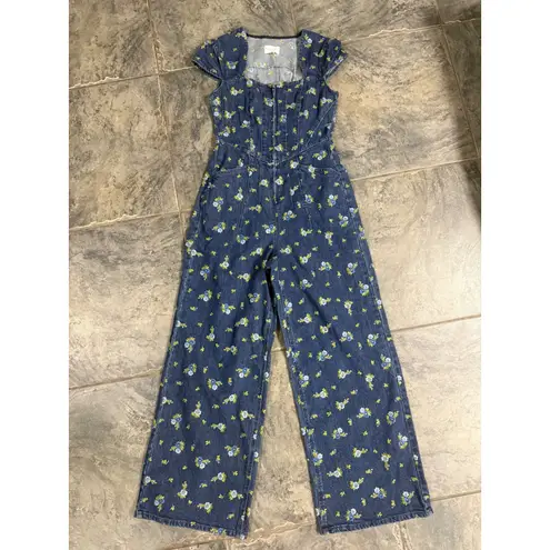 Avec Les Filles New! Floral Cap Sleeve Wide Leg Denim Jumpsuit Floral Sz 8 $249