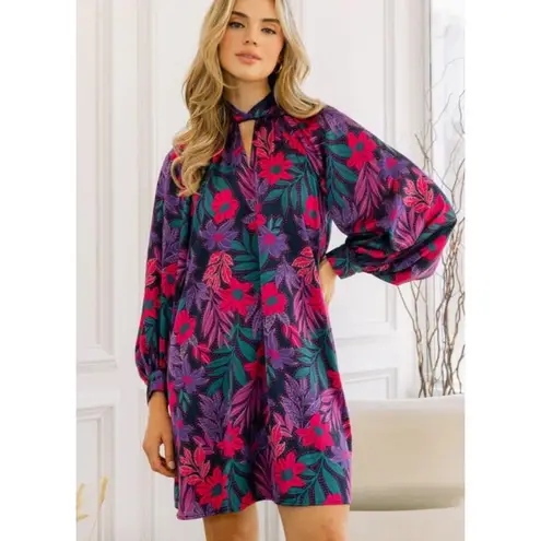 Magenta Dark Floral Flow Satin Dress ODDY Small Long Sleeve Short High Neckline Purple