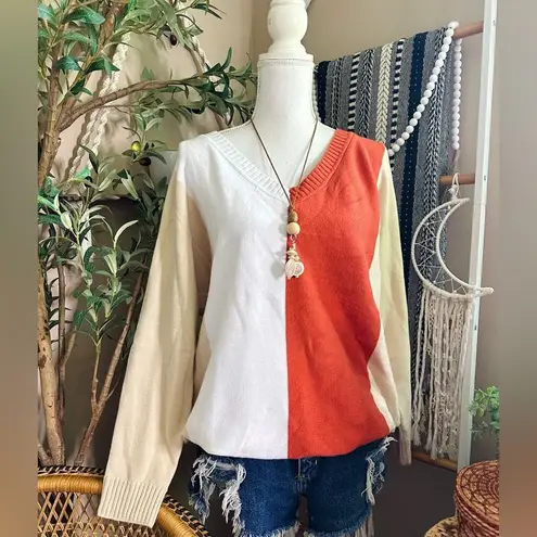 Bibi Oversized Colorblock Fall Vibes V Neck Sweater Orange Size XL