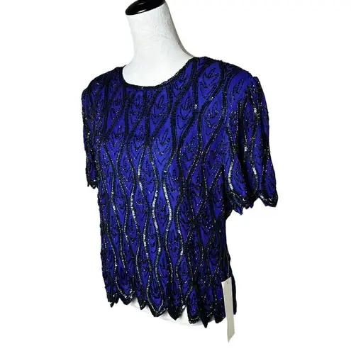 Vintage Sténay 100% Silk Beaded Sequin Top | Size L | Art Deco 80s Party Glam Blue Size L