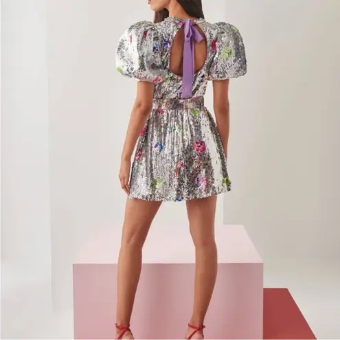 CeliaB Wonderer Silver Sequins Floral Statement Puff Sleeves Mini Dress NEW XXS