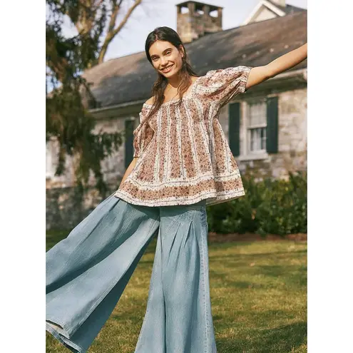 Free People  Vintage Lover Blouse Relaxed Cotton Babydoll Cottage Floral XS NWT