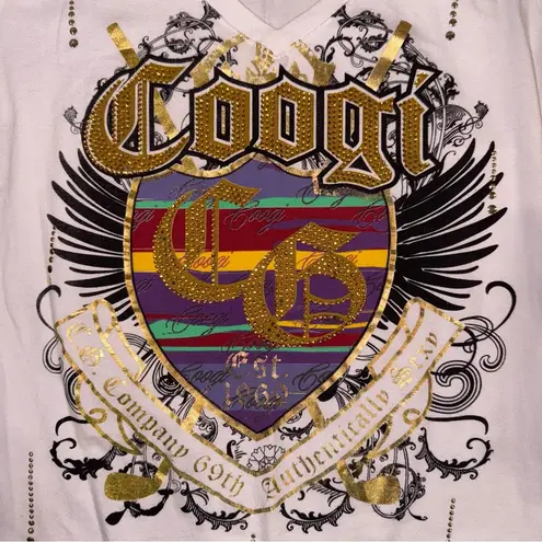 COOGI White and Gold Graphic Cap Sleeve Y2K Tee