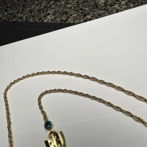 Retro Gold Tone Blue Rhinestone Y Drop Necklace