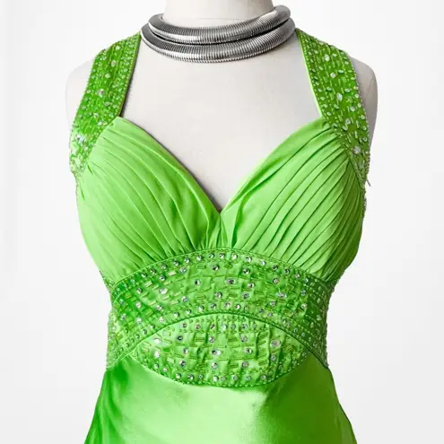 Neon Green Beaded Satin Maxi Bodycon Formal Prom Dress Size S