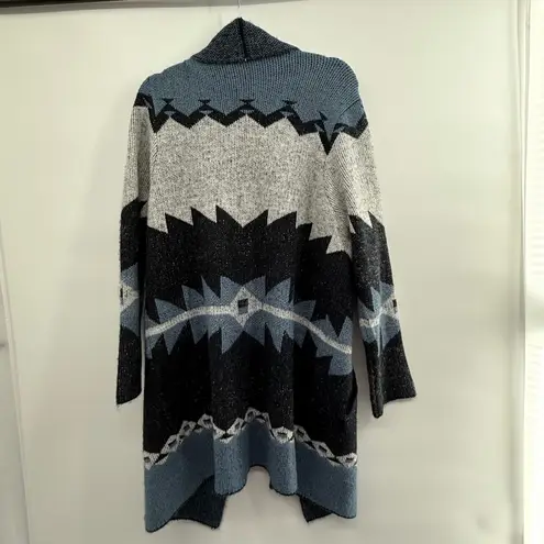 Denim & Co 1X Aztec Western Knit Cardigan Longline Open Front Blue Gray QVC