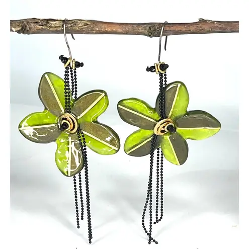 Black Bead VTG Lalo FLOWER EARRINGS 4" Dangle Drop Green Gold Resin Chains
