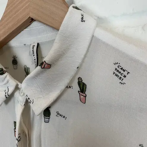 Bershka BSKGIRL Cactus Print Women's Button Down Long Sleeve Shirt White Size S