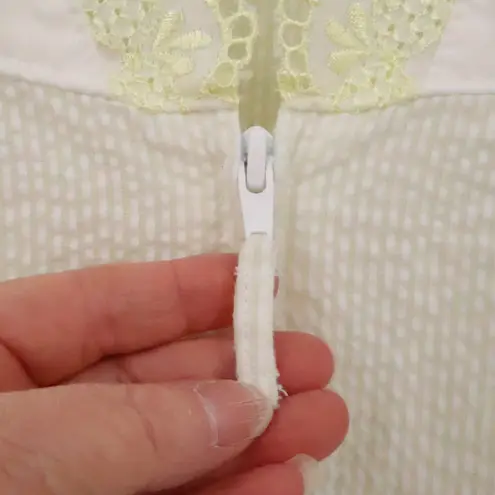 Vintage Striped Seersucker Floral Embroidered House Dress Womens Cottage Size S Green