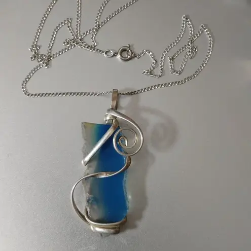 Blue Glass Quartz Silver Wire Wrapped Pendant Necklace On Atlas Sterling Chain