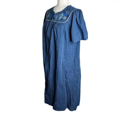 Go Softly Patio Blue Embroidered Denim Dress Small Zip Front Short Sleeves
