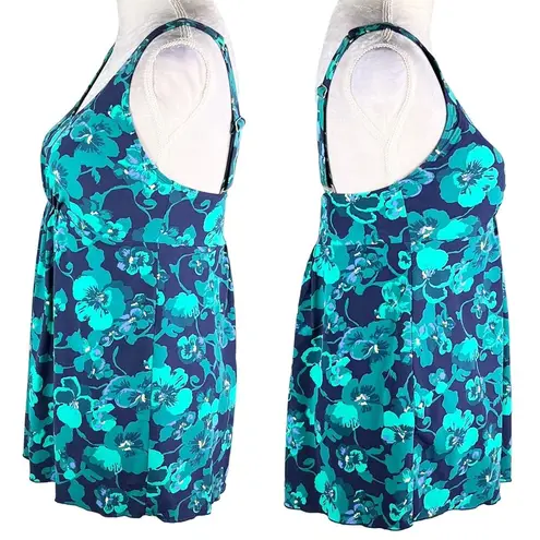 L.L.Bean  Soft Drape Tankini Top 12 Blue Green Floral Adjustable UPF 50+