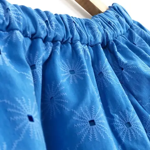 ZARA  Floral Openwork Textured Blue Off Shoulder Mini Sun Dress Balloon Sleeve