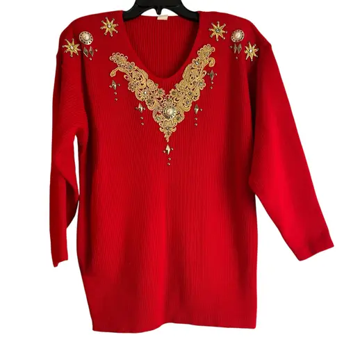 Source Unknown Sweater VTG Red OS Embroidered Jewels Embellished Rib Knit Holiday Casual USA