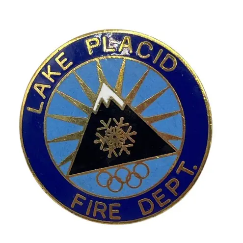 Vintage Lake Placid Fire Department Olympic Winter Games Enamel Pin Badge A536 Blue