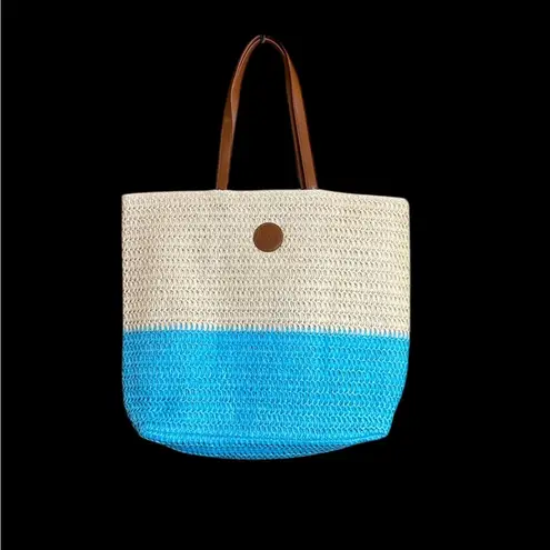 Banana Boat Straw Beach Tote Bag. Ocean Blue & Tan. New with Tags