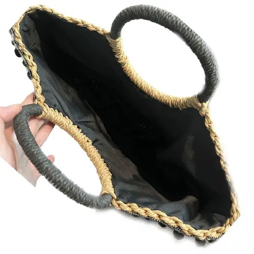 Handmade Unbranded Savanna Weave Styled Woven Bag w/ Black Trim Pom-Poms and Ribbon