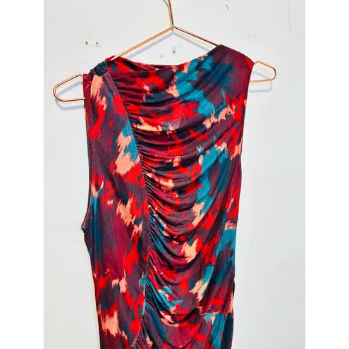 Ulla Johnson Red Green Abstract Boat Neck Side Ruched Livia Dress size Medium
