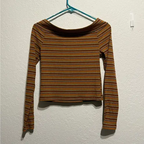 Arizona Jeans Arizona Jean Company Striped Off-Shoulder Ribbed Long Sleeve Crop Top Size S