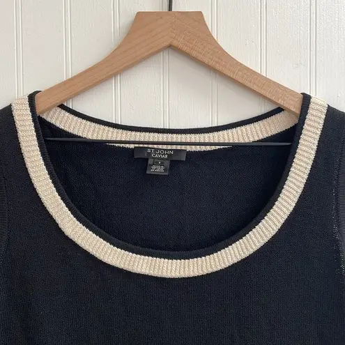 St. John Caviar Wool Blend Sleeveless Sweater Knit Tank Top Black Cream Size S