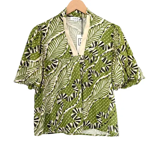 THML NWT Green Palm Print Top Faux Leather Trim Puff Sleeve Blouse Size XS