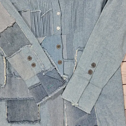 Elliott Lauren Linen Cotton Patch Denim Long Sleeve Top 8 Blue