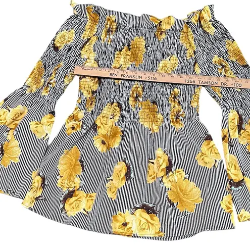 New Glory  Black And White Striped Bell Sleeve Floral Blouse | Size Large thumbnail 4