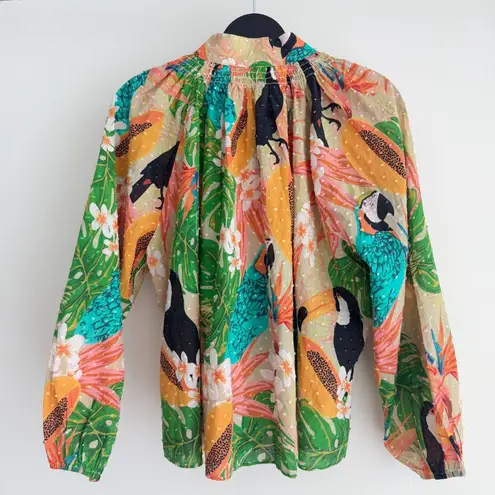 Farm Rio Blouse XS Beach Palm Floral Toucan Tropical Peasant Balloon Sleeve