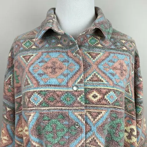 Forenza Fleece Shirt Jacket L Southwestern Printed Button Up Drawstring Vintage