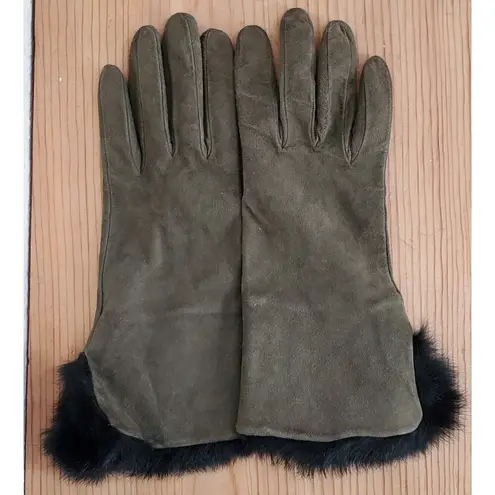VTG Rabbit Fur Cuff Gloves Ladies Women Size 6.5 Green Leather Black Mob Wife