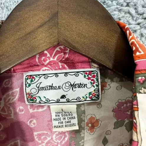 Jonathan Martin Vintage Button Up Top Womens Large Silk Red Floral Patchwork Boho Indie Hippie