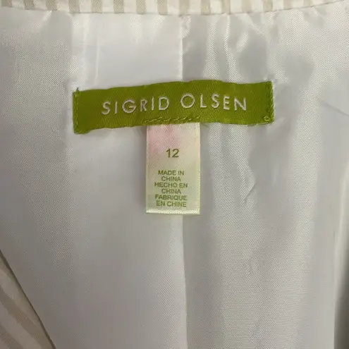 Sigrid Olsen Tan & White Seersucker Stripe 3/4 Sleeve 2 Button Blazer Size 12