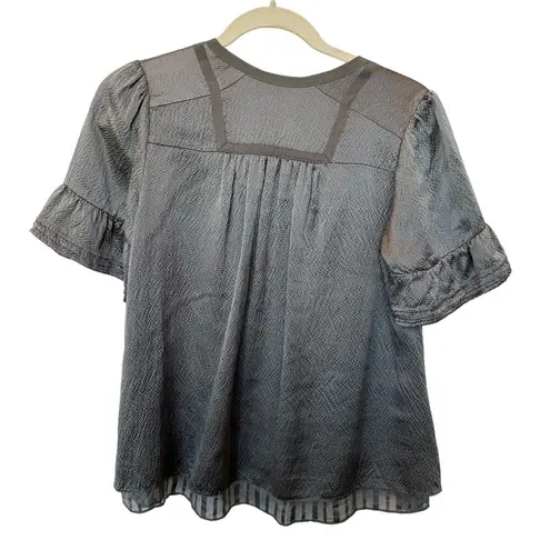 BCBG MaxAzria 100% Silk Short Sleeve Tie Neck Babydoll Blouse Gray Women's Small