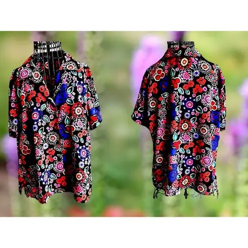 Elementz VTG  Blouse Woman 1X Black Floral Shirt Button Short Sleeves Psychedelic