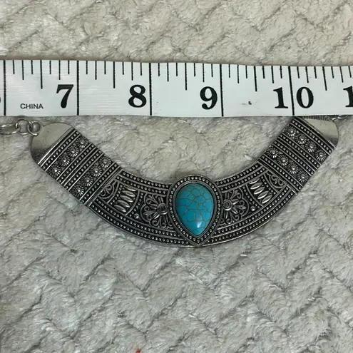 Boho Y2K Silver Tone Turquoise Colored Tribal Statement Necklace Festival Vibes