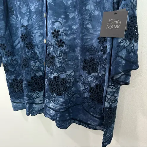 John Mark NWT Blue Boxy Watercolor Top Embroidered Eyelet Floral Lace Blouse L