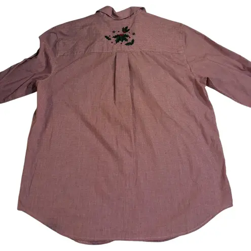 Karen Scott Women's Red Gingham Christmas Holiday Holly Berry Embroidered Shirt
