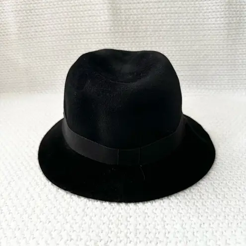 Helen Kaminski Australia Black Rabbit Fur Felt Ribbon Trim Fedora Classic Hat OS