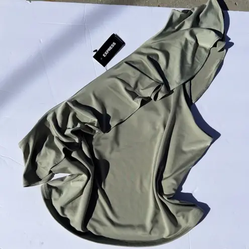 EXPRESS New  One-Shoulder Ruffle Top in Olive‎ Green-Women’s Size Large