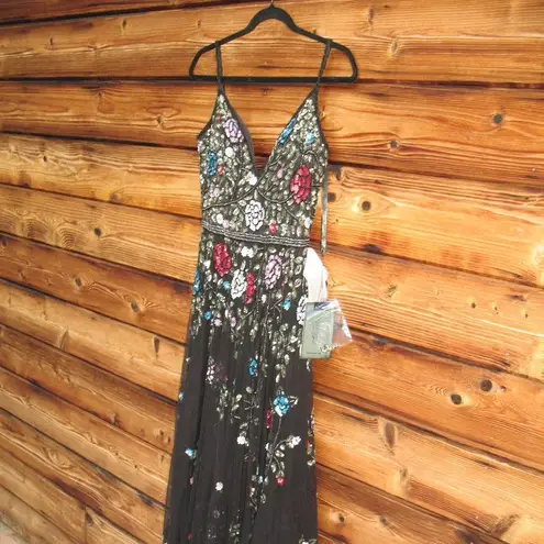 Mac Duggal NWT Embellished Floral Sequin Gown Dress Black Multi 5400