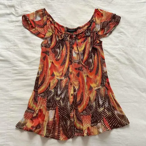 Ashley Stewart Y2K Orange and brown floral print plisse peasant blouse